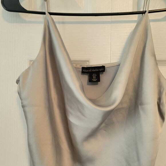 House of Harlow 1960 Silver Satin Draped Neck Bodysuit Size Large - Picture 3 of 5